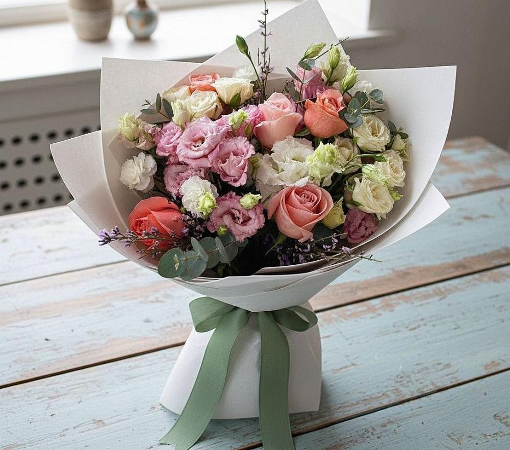 Букет цветов из: Розы, Лизиантусы и Гвоздики в Расшеватской